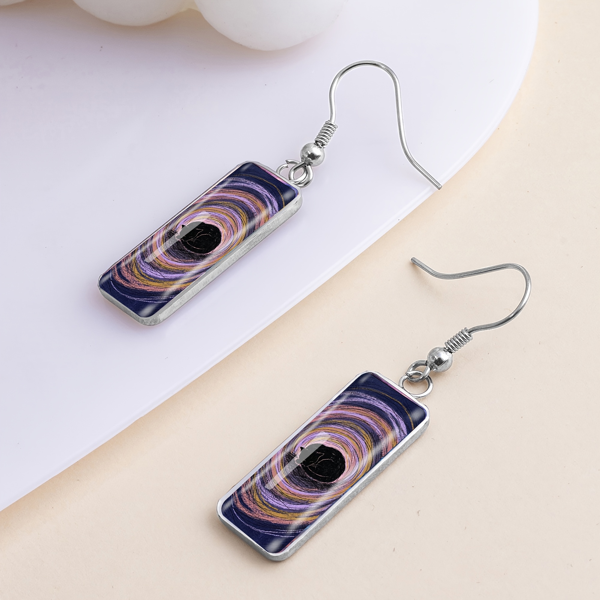 Men's Starry Sky Black Cat Pattern Long Bar Earrings